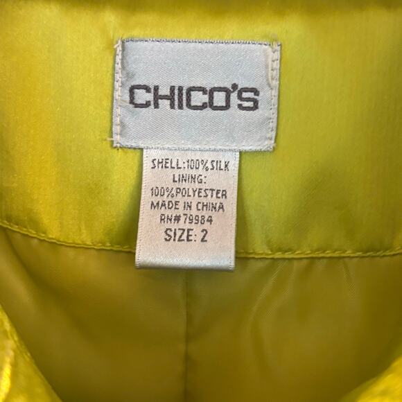 CHICOS 100% Silk Woman’s Jacket Coat Button Front Chartreuse Classic FLAW - Picture 11 of 13